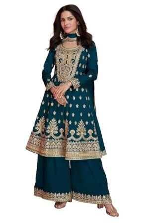 Ethnik Women's Pink Vichitra Silk Stitched Top With Stitched Vichitra Silk Bottom and Vichitra silk Dupatta Full Sleeve Embroidered Straight Kurta