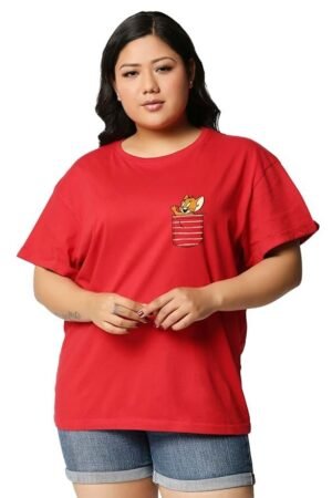Official Tom & Jerry Merchandise Women's 100% Cotton Graphic Print Boyfriend Fit Round Neck Plus Size T-Shirt