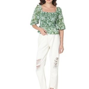 VM Floral Printed Puff Sleeve Cinched Waist Crop Top - Image 4