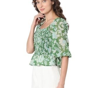 VM Floral Printed Puff Sleeve Cinched Waist Crop Top - Image 6