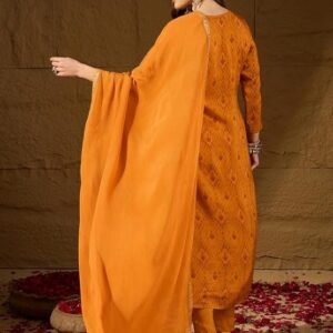 Vaam Women's Mustard Silk Ikat Straight Woven Kurta Pant With Dupatta Set | Straight Kurta Set For Women | Woven Salwar Suit For Women - Image 5