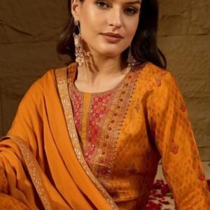 Vaam Women's Mustard Silk Ikat Straight Woven Kurta Pant With Dupatta Set | Straight Kurta Set For Women | Woven Salwar Suit For Women - Image 7