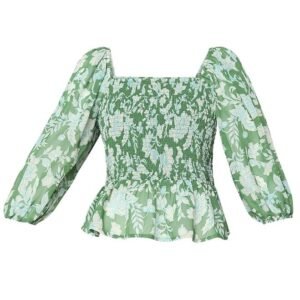 VM Floral Printed Puff Sleeve Cinched Waist Crop Top - Image 2