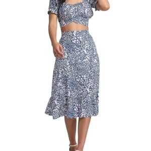 Women's 2 Piece Outfits Floral Self Tie Knot Crop Top and Midi Skirt Set, 2#blue, Small - Image 4