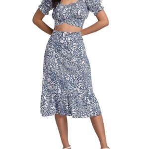 Women's 2 Piece Outfits Floral Self Tie Knot Crop Top and Midi Skirt Set, 2#blue, Small - Image 5