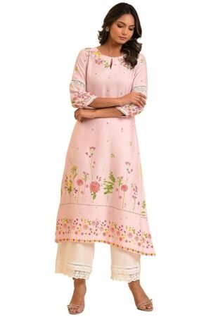 W for Woman Light Pink Floral Printed Summer Kurta