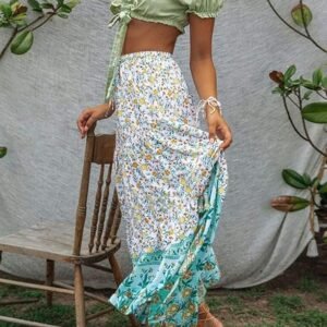 Women's 2023 Bohemian Floral Printed Elastic Waist A Line Maxi Skirt with Pockets, Lake Blue, Small - Image 2