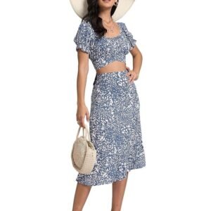 Women's 2 Piece Outfits Floral Self Tie Knot Crop Top and Midi Skirt Set, 2#blue, Small - Image 2
