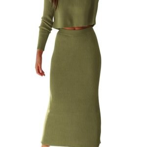Women's Fall 2 Piece Sweater Set Rib Knit Long Sleeve Crop Top Maxi Bodycon Skirt Casual Winter Outfits - Image 1