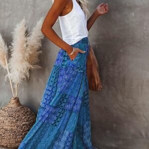 Womens Casual High Waist Tiered Paisley Print Long Maxi Skirt with Pockets, Blue, X-Large - Image 5