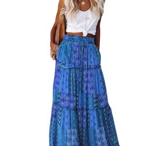 Womens Casual High Waist Tiered Paisley Print Long Maxi Skirt with Pockets, Blue, X-Large - Image 1
