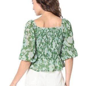 VM Floral Printed Puff Sleeve Cinched Waist Crop Top - Image 5