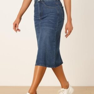 Casual Denim Skirt for Women's High Waist Split Back Pockets Midi Jean Skirts - Image 3