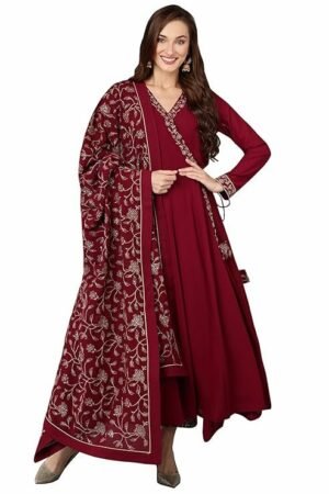 Women's Georgette Embroidered Flared Angrakha Pant With Dupatta With Inner