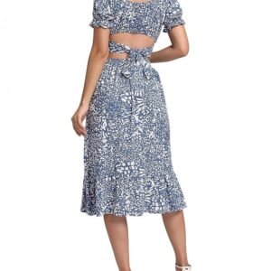 Women's 2 Piece Outfits Floral Self Tie Knot Crop Top and Midi Skirt Set, 2#blue, Small - Image 6