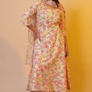 Aurelia Women White Floral Print Viscose Kurta Set with Trousers & Dupatta - Image 4