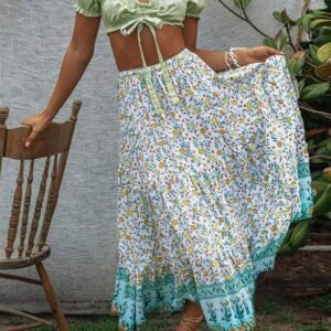 Women's 2023 Bohemian Floral Printed Elastic Waist A Line Maxi Skirt with Pockets, Lake Blue, Small - Image 3