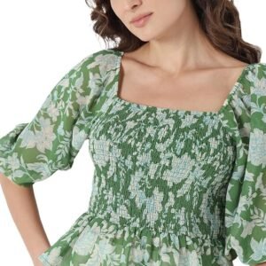 VM Floral Printed Puff Sleeve Cinched Waist Crop Top - Image 3