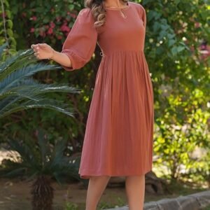 Women's Rust Orange Pure Cotton Solid Fit & Flare Dress - Image 2