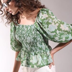 VM Floral Printed Puff Sleeve Cinched Waist Crop Top - Image 7