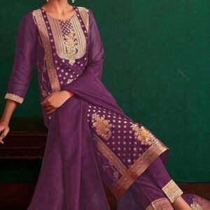 Janasya Women's Organza Jacquard Straight Kurta Set - Image 6