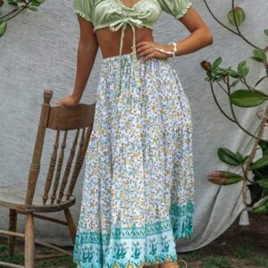 Women's 2023 Bohemian Floral Printed Elastic Waist A Line Maxi Skirt with Pockets, Lake Blue, Small - Image 6