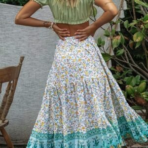 Women's 2023 Bohemian Floral Printed Elastic Waist A Line Maxi Skirt with Pockets, Lake Blue, Small - Image 5