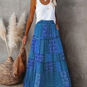 Womens Casual High Waist Tiered Paisley Print Long Maxi Skirt with Pockets, Blue, X-Large - Image 2