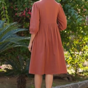 Women's Rust Orange Pure Cotton Solid Fit & Flare Dress - Image 3