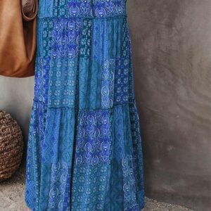 Womens Casual High Waist Tiered Paisley Print Long Maxi Skirt with Pockets, Blue, X-Large - Image 4