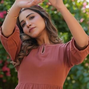 Women's Rust Orange Pure Cotton Solid Fit & Flare Dress - Image 5