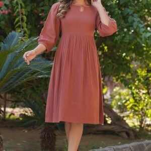 Women's Rust Orange Pure Cotton Solid Fit & Flare Dress - Image 4