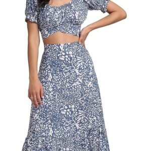 Women's 2 Piece Outfits Floral Self Tie Knot Crop Top and Midi Skirt Set, 2#blue, Small - Image 3