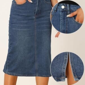 Casual Denim Skirt for Women's High Waist Split Back Pockets Midi Jean Skirts - Image 5
