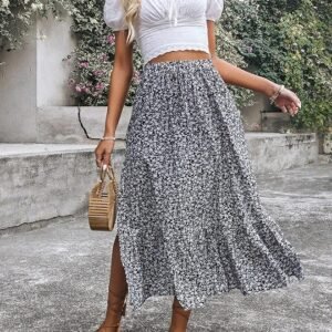 Rocks Women's Casual High Waist Floral Print Skirt Split Thigh A Line Maxi Skirts - Image 5